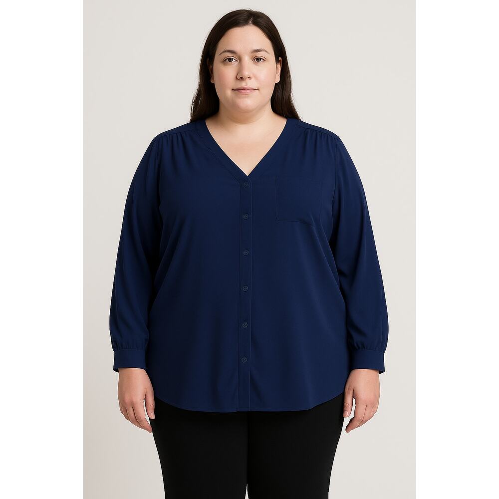 D&Co Denim & Company Blue Button-Front Blouse Women’s 3X Plus Size Top NWOT